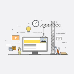 Flat mobile UI UX design web infographic concept vector. Crane creating interface on screen. User interface experience, usability, mockup, wireframe development concept.