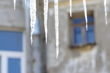Frozen icicles on the roof against a background of blurry window