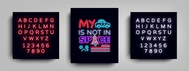 Neon sign Car space trendy slogan. Fashion print on T-shirt. Poster, web banner in neon style. Design template. Vector illustration. Editing text neon sign