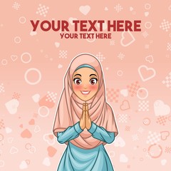 Young muslim woman wearing hijab veil smiling greeting with welcoming gesture hands put together, cartoon character design, against pink background, vector illustration.