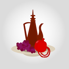 oriental still-life, dish with a jug, pomegranate, grapes and beads, isolated vector