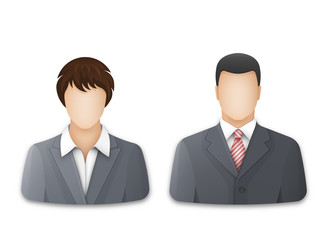 Icons of business woman and businessman on white background. Successful young man and woman in gray business suits and white shirts. Vector illustration