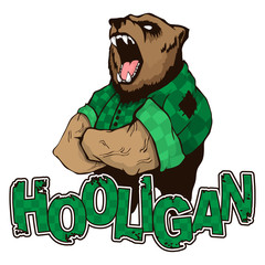 print on T-shirt "hooligan" with a bear image.