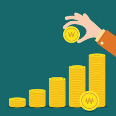 Won Gold coin Stack. Financial growth concept with golden coin won. 
