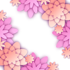Vector illustration with paper cut flowers and place for text. Trendy spring and summer origami background