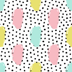 Vector seamless trendy messy geometric and polka dot pattern. Modern ink brush elements background. Great for print, wrapping paper, wallpaper