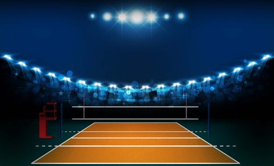 Volleyball court arena field with bright stadium lights design. Vector illumination