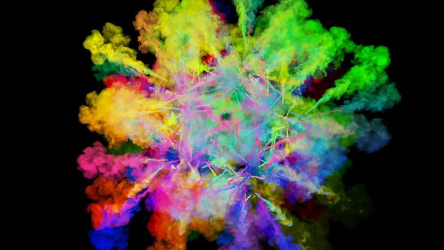 explosion of powder isolated on black background. 3d animation of particles as colorful background or overlays effects. Burst of rainbow colors powder for bright presentation like holi festival. 13