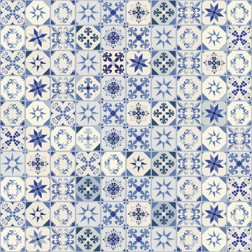 Seamless pattern of hydraulic tiles, typical of Spain, Italy and Portugal. Oriental style.