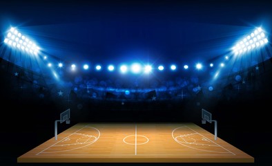 Basketball arena field with bright stadium lights design. Vector illumination © photoraidz
