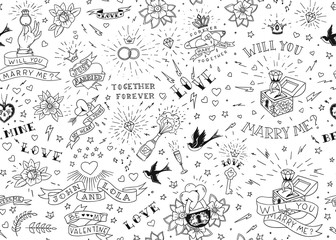 Old school tattoos seamles pattern with birds, flowers, roses and hearts. Love and wedding theme. Black and white traditional tattoo design. Vector illustration.