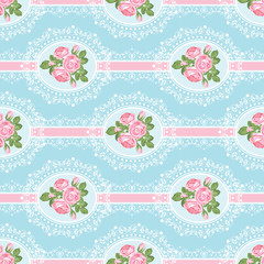 Shabby chic rose seamless pattern on blue background - 195148002