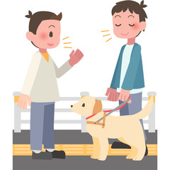 視覚障害者に話しかける男性