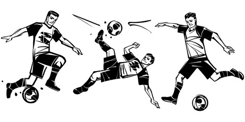 Soccer vector illustration. Three players in soccer. Black figure on a white background.
