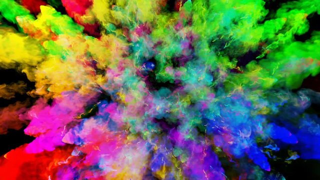 explosion of powder isolated on black background. 3d animation of particles as colorful background or overlays effects. Burst of rainbow colors powder for bright presentation like holi festival. 21