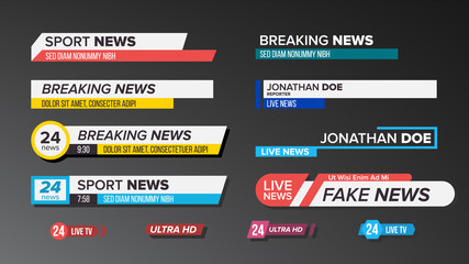 Obraz premium TV News Bars Set Vector. Sign Of Lower Third. Label Strip, Icon. Media Tag For Television Broadcast. Isolated Illustration
