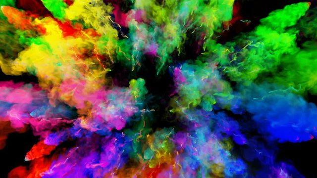 explosion of powder isolated on black background. 3d animation of particles as colorful background or overlays effects. Burst of rainbow colors powder for bright presentation like holi festival. 23