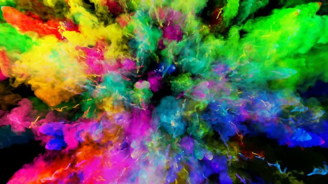 explosion of powder isolated on black background. 3d animation of particles as colorful background or overlays effects. Burst of rainbow colors powder for bright presentation like holi festival. 24