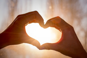 Obraz premium Female hands in the form of heart against window of sunlight. Hands in shape of love heart, silhouetted against the sun