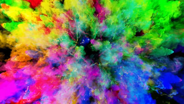 explosion of powder isolated on black background. 3d animation of particles as colorful background or overlays effects. Burst of rainbow colors powder for bright presentation like holi festival. 25