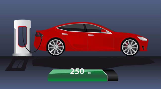 Modern electric car charging at the charger station with indicator of power reserve. Vector illustration EPS 10