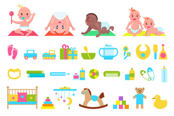Playful Children and Toys Set Vector Illustration