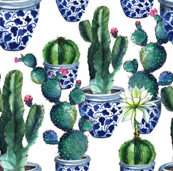 Cactus. Watercolor seamless pattern