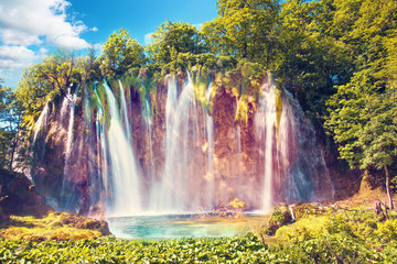 Incredibly beautiful fabulous magical landscape with a waterfall in Plitvice, Croatia (harmony meditation, antistress - concept)