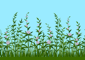 Seamless Horizontal Background, Nature, Landscape with Fresh Green Grass, Leaves, Lilac Flowers and Blue Sky, Tile Pattern for Your Design. Vector