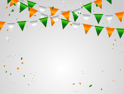 Orange White green flag and confetti concept design India banner for Happy Independence Day background. Celebration Vector illustration.