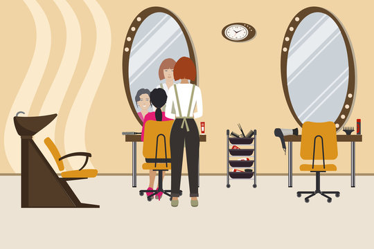 Interior of a hairdressing salon in a yellow color. Beauty salon. There is a hairdresser and a client in the hall. There are tables, chairs, a bath for washing the hair, mirrors, hair dryer here