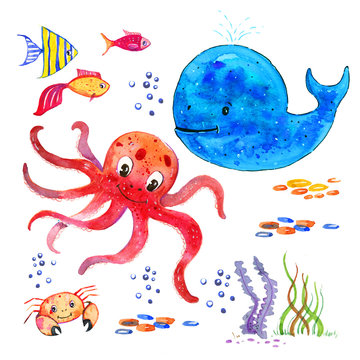 Sealife children watercolor hand drawn stylized isolated set