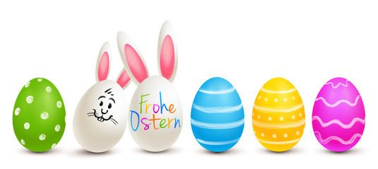 Frohe Ostern - Bunte Ostereier mit Osterhasen Eier und Ostergruß 