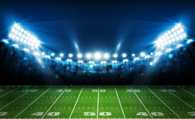 American football arena field with bright stadium lights design. Vector illumination © photoraidz