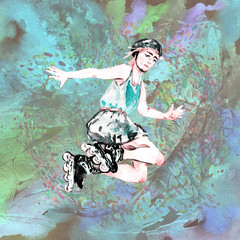 Boy in roller skates and helmet jumping, hand painted watercolor illustration, soft green, blue background of grunge splashes painted wall