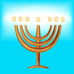 Card for the wedding ceremony of the orthodox Judaist with gold, congratulation Mazel Tov, Menorah, Magen David stars gold on blue background