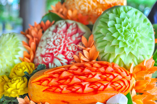 Beautiful Thai Fruit Carving for table food decoration.