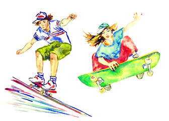 Girl jumping on skateboard and boy skating in high speed, hand painted watercolor illustration, isolated on white background