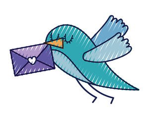 sweet bird with envelope message in beak cartoon