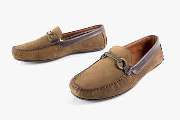 Male brown leather shoe on white background, isolated product, comfortable footwear.