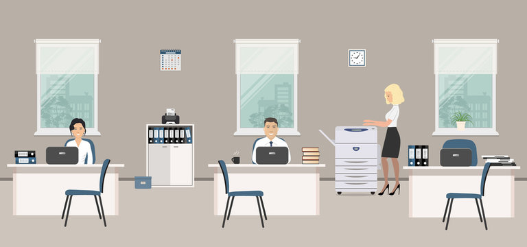 Office room in a gray color. Young women and man are emploees at work. There is white furniture, blue chairs, a copy machine on a window background in the picture. Vector illustration