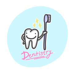 The cartoon character tooth is clean with toothbrush and smile is happy. Vector illustration.