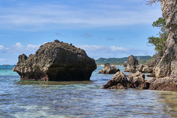 White beach rocky view on Boracay, Philippines