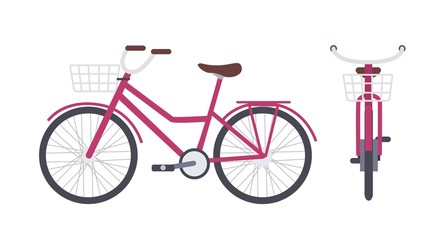 Elegant pink city bike or urban bicycle with step-through frame and front basket isolated on white background. Modern pedal-driven vehicle. Front and side views. Colorful vector illustration.