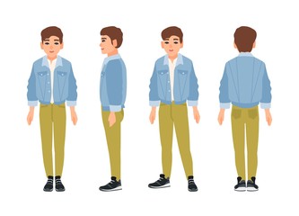 Cute smiling teenage boy, teen or teenager dressed in green jeans and denim jacket. Flat cartoon character isolated on white background. Front, side and back views. Colorful vector illustration.