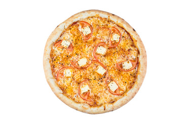 Delicious italian pizza over white background view from top
