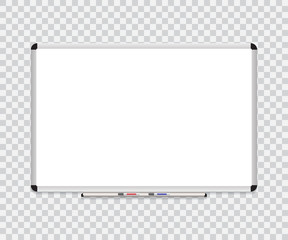 Whiteboard background frame with eraser whiteboard, color markers. Vector illustration
