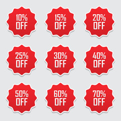 Sale tags set vector badges template, 10 off, 15 %, 20, 25, 30, 40, 50, 60, 70 percent sale label symbols, discount promotion flat icon with long shadow