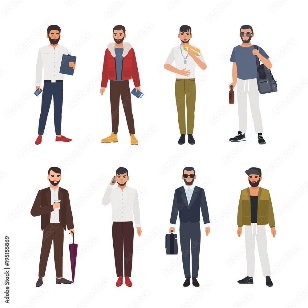Poster collection of caucasian bearded men dressed in casual and formal clothes and standing in various pos