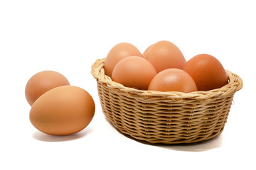 Eggs in the wicker basket on white background for healthy food concept